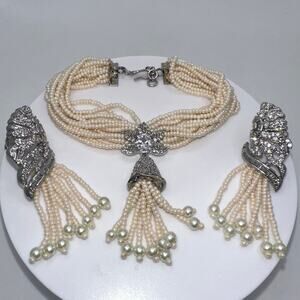 Indian white gold plated cubic zirconia glass pearl bracelet earrings set